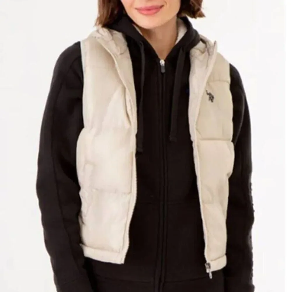 US Polo Puffer Hoodie Cropped Vest Large Women's Front Zip Beige